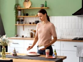 A woman baking in a kitchen