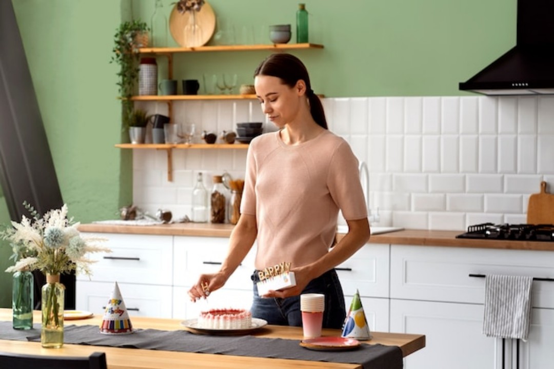 A woman baking in a kitchen